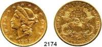 AUSLÄNDISCHE MÜNZEN,U S A  20 Dollars 1882 S (30,09g fein).  Kahnt/Schön 52.  KM 74.3  Fb. 178.  GOLD.