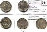 R E I C H S M Ü N Z E N,Drittes Reich  2 Reichsmark 1933 A, E, F, G, J.  Jaeger 352.  Luther.  LOT. 5 Stück.