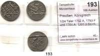 Deutsche Münzen und Medaillen,Preußen, Königreich Friedrich II. der Große 1740 - 1786 1/24 Taler 1752 A, 1753 F und 1764 A.  LOT. 3 Stück.