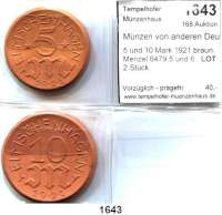 P O R Z E L L A N M Ü N Z E N,Münzen von anderen Deutschen Keramischen Fabriken Elmschenhagen 5 und 10 Mark 1921 braun.  Menzel 6479.5 und 6.  LOT. 2 Stück.