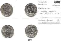 R E I C H S M Ü N Z E N,Kleinmünzen  25 Pfennig.  Jaeger 18.  1909 D; 1910 E, J; 1911 A.  LOT. 4 Stück.
