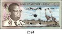 P A P I E R G E L D,AUSLÄNDISCHES  PAPIERGELD Kongo 100 Francs 1.8.1964(leicht gebraucht, Fleck auf Rs.).  Mit Sternlochung(nicht im Pick) und 1000 Francs 1.1.1992.  Pick zu 6, 11.  LOT. 2 Scheine.