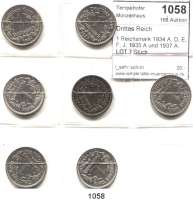 R E I C H S M Ü N Z E N,Drittes Reich  1 Reichsmark 1934 A, D, E, F, J; 1935 A und 1937 A.  LOT. 7 Stück.